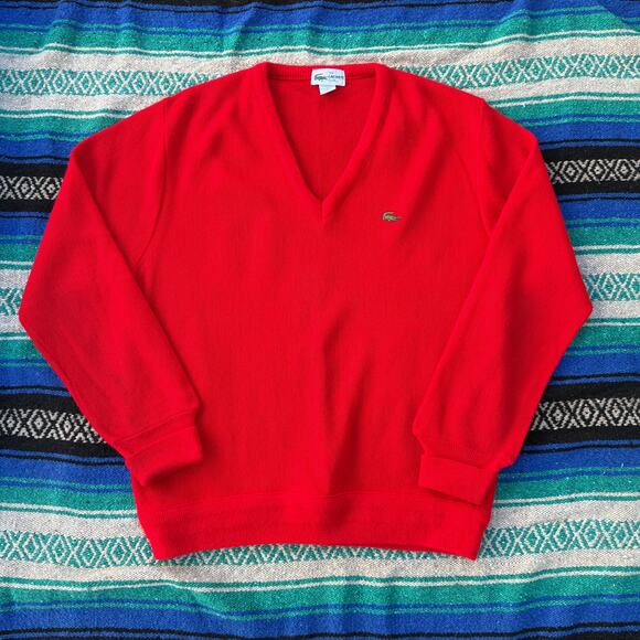 Men's Vintage 80's The Lacoste Club Red V-Neck Pullover Sweater Sz Medium USA - Picture 1 of 5